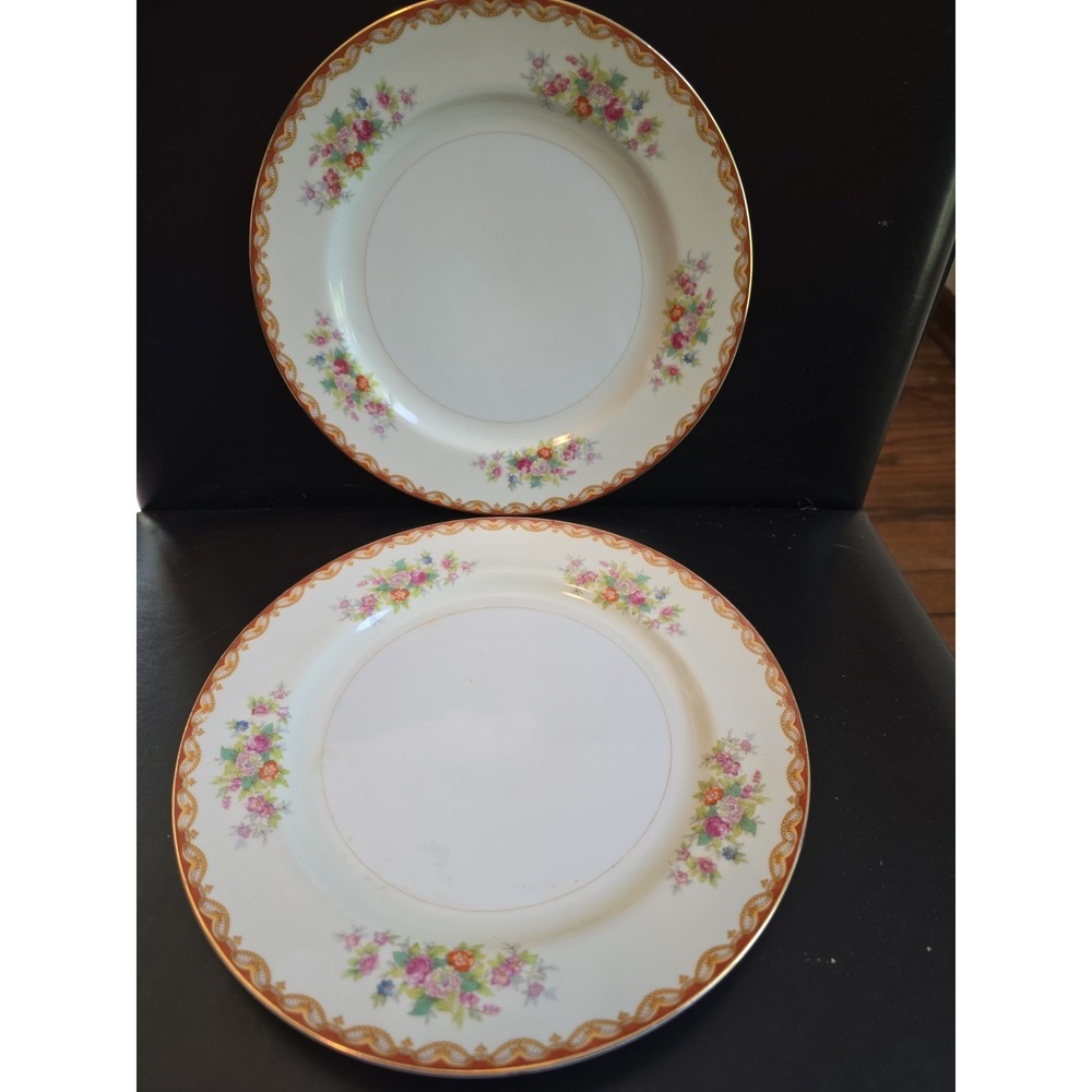 2 VTG Diamond China Roslyn Occupied Japan Luncheon Dinner Plates Gold Rim 9"